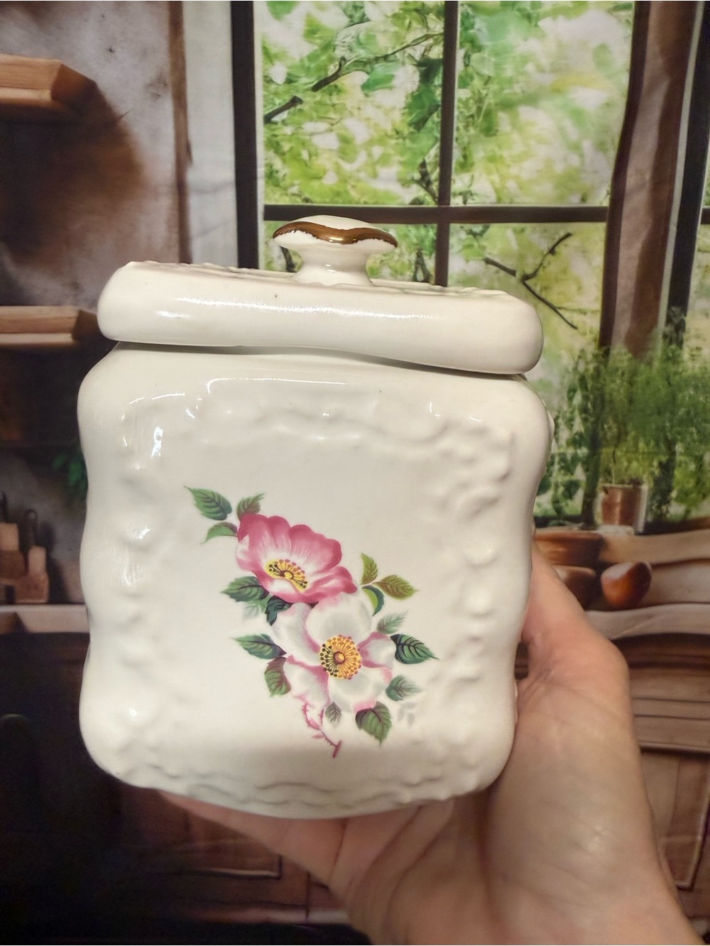 Vintage White Floral Ceramic Canister - Pink Rose Design
